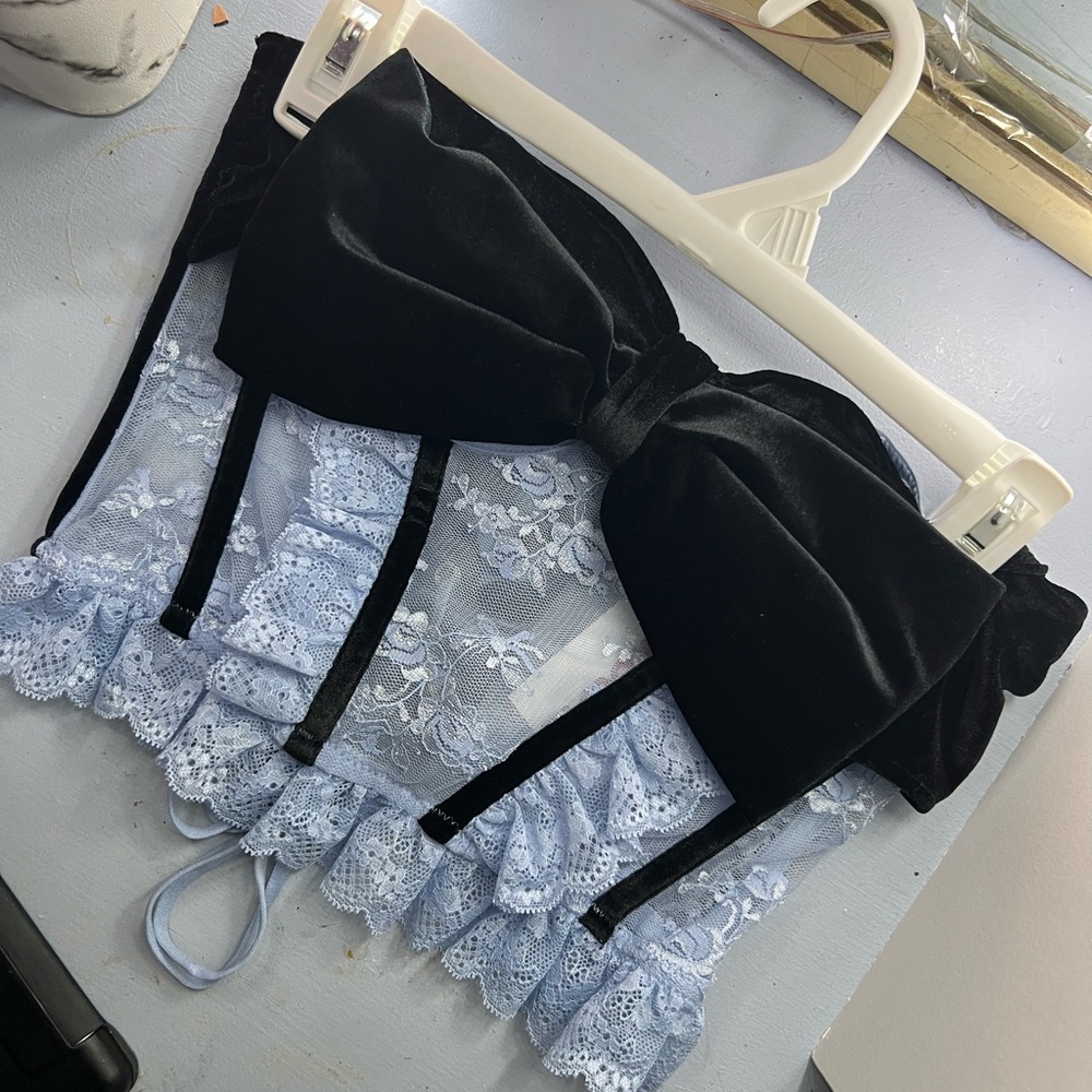 Black and Blue Lace Bustier with Bow corset crop top
